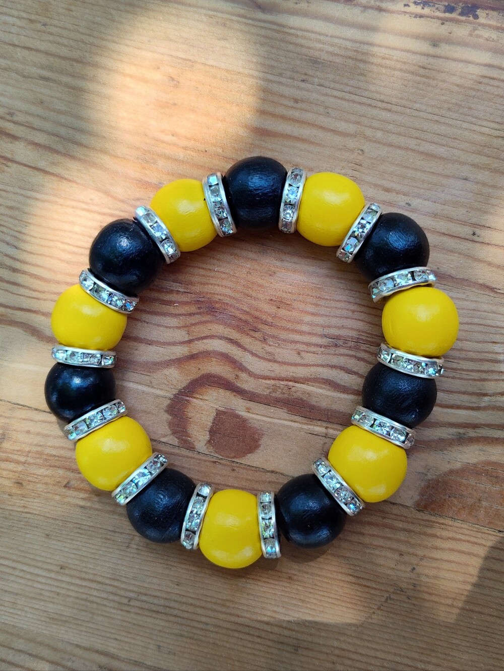 Black and Yellow Stretchy Beaded Bracelet W/ Silver Crystal Rondel Accents